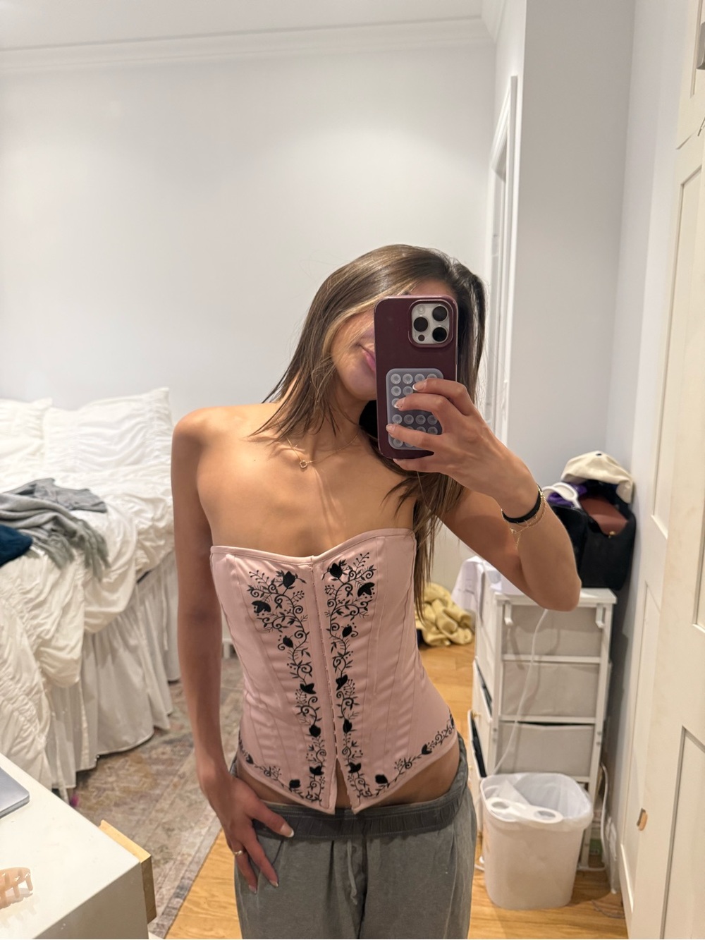 Pink Floral Embroidered Strapless Corset Top